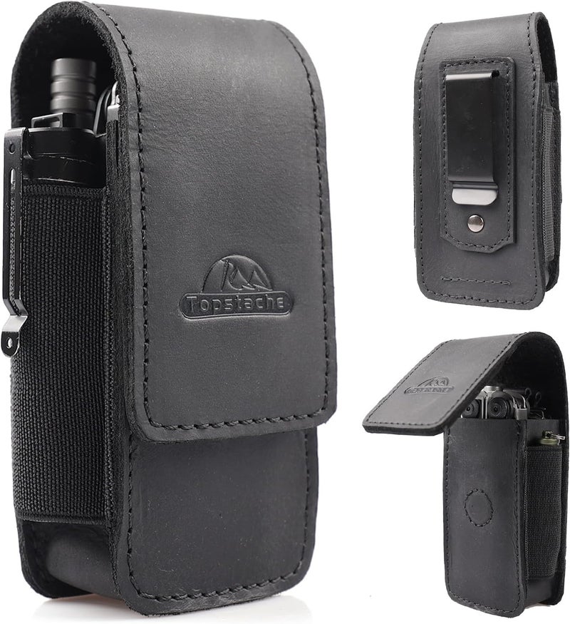 topstache Multitool Sheath with Belt Clip - EDC Belt Organizer Multi Tool Case - Leather Multitool Holster for Belt - Magnetic Closure Leather Multitool Pouch Fits Folding Tool, Black - Image 1